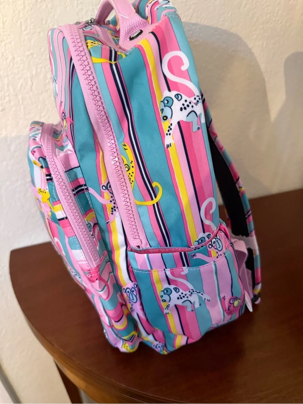 Kipling Pink Teal Multi-Color Striped Monkey Backpack